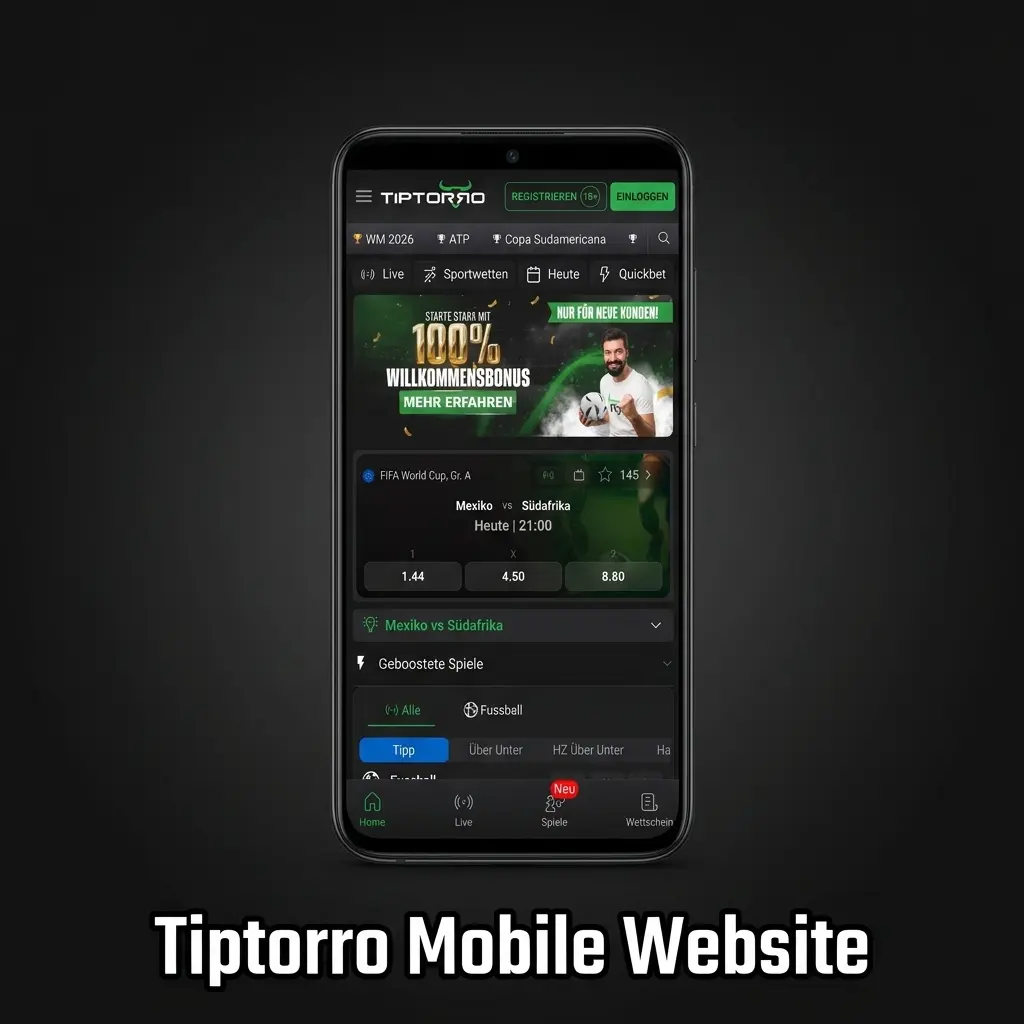 Tiptorro mobile Website auf Smartphone optimiert für iOS und Android mit Sportwetten und Casino-Spielen